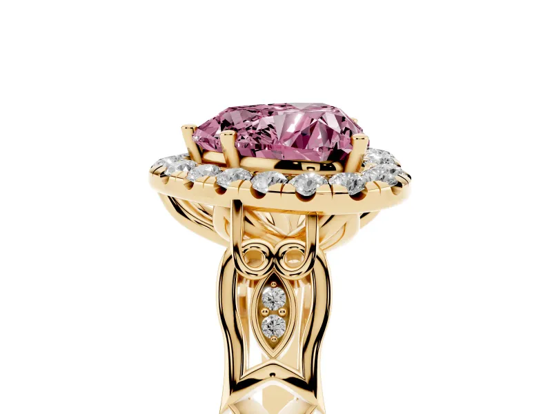 Heart-Shaped Halo Engagement Ring Setting for a Fancy Pink Lab-Grown Diamond | Filigree Shoulders | Yellow Gold