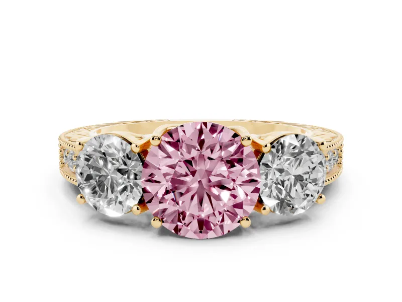 Fancy Pink Round Cut Diamond Three-Stone Engagement Ring Set in Yellow gold with Milgrain Pavé Band