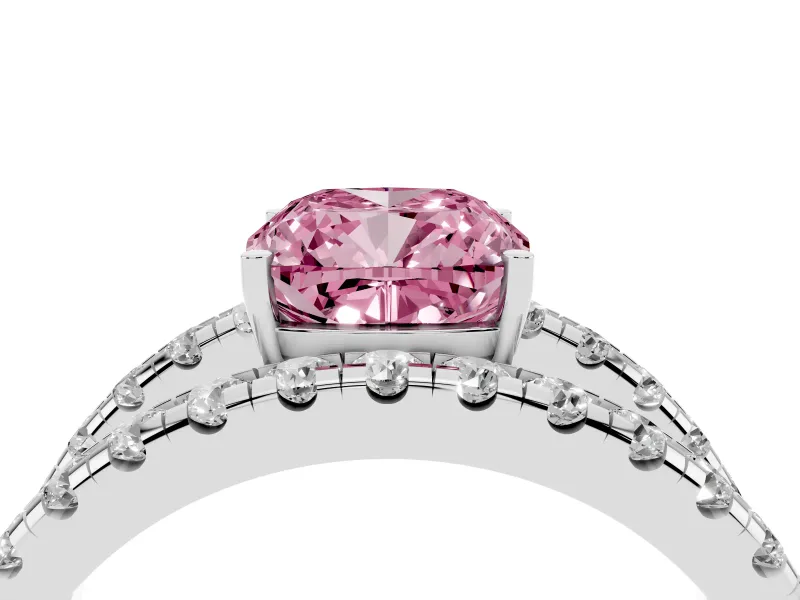Cushion Cut Wide Open Split Shank Engagement Ring Setting for a Fancy Pink Lab-Grown Diamond | Pavé Strands | White Gold