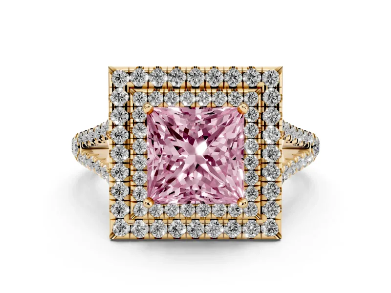 Fancy Pink Princess Cut Diamond Double Halo Ring Set in Yellow gold with Pavé Band