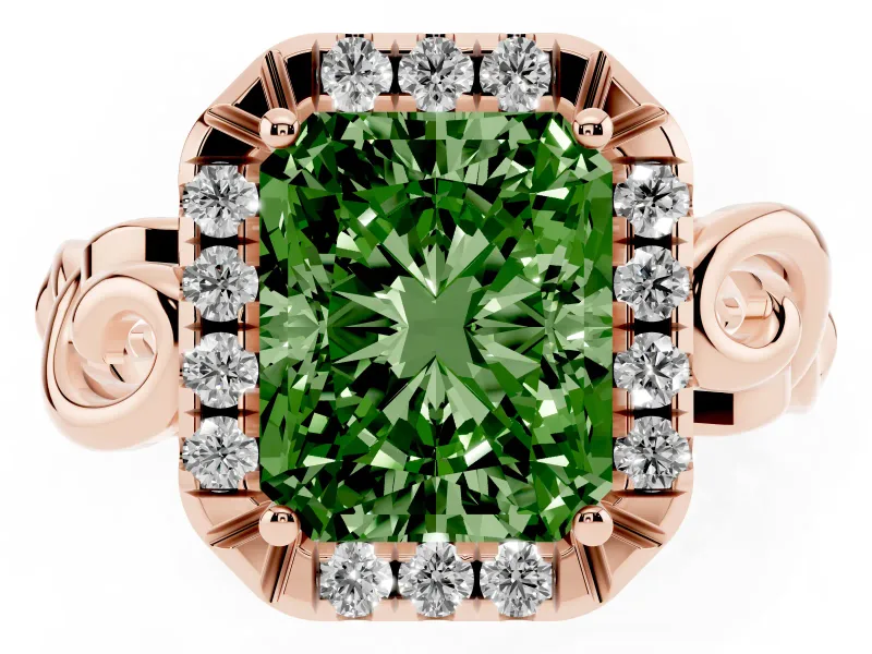 Fancy Green Radiant Cut Diamond Halo Ring Set in Rose gold with Scrollwork Band and Prong Setting