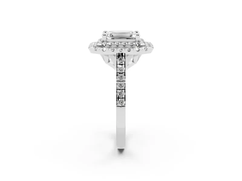 Emerald Cut Diamond Double Halo Statement Ring Set in Silver with Pavé Band