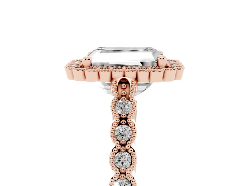 Radiant Cut Vintage Milgrain Halo Engagement Ring Setting | Beaded Pavé Shoulders | Rose Gold