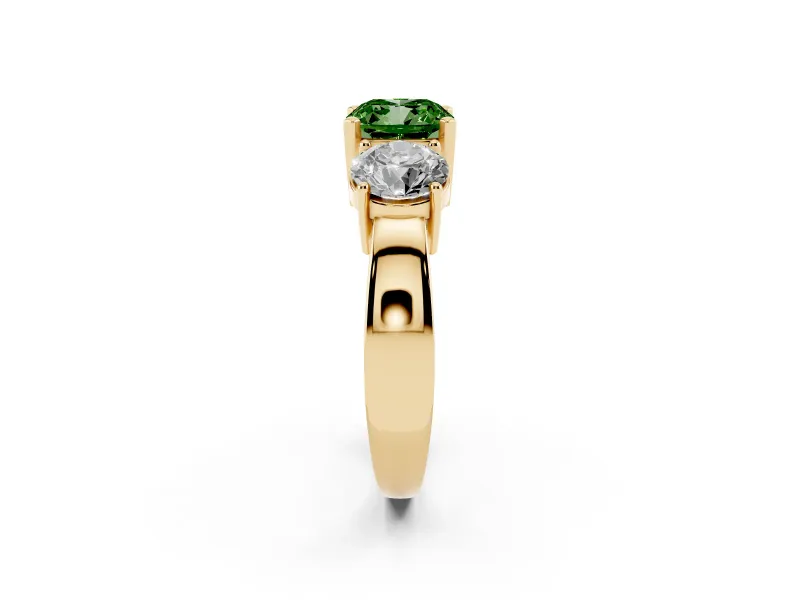 Cushion Cut Three Stone Engagement Ring Setting for a Fancy Green Lab-Grown Diamond | Wide Plain Band | Yellow Gold