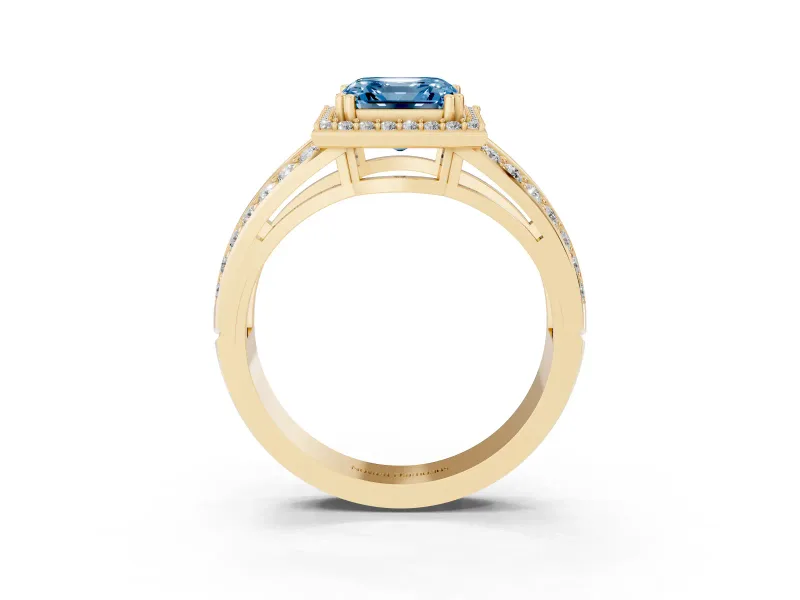 Asscher Cut Halo Engagement Ring Setting for a Fancy Blue Lab-Grown Diamond | Two-Row Pave Split Shank | Yellow Gold