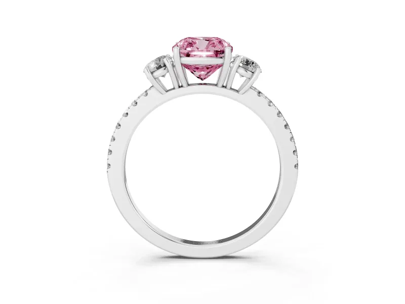 Cushion Cut Three Stone Engagement Ring Setting for a Fancy Pink Lab-Grown Diamond | Pave Shoulders | Sterling Silver