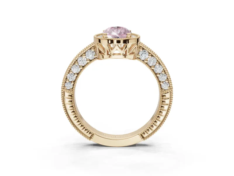 Pear-Shaped Milgrain Halo Engagement Ring Setting for a Fancy Pink Lab-Grown Diamond | Wide Pavé Band | Yellow Gold