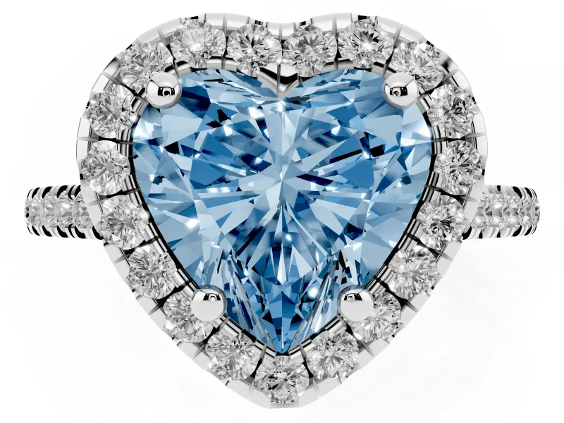 Fancy Blue Heart Cut Diamond Cushion Halo Ring Set in White gold with Pavé Band