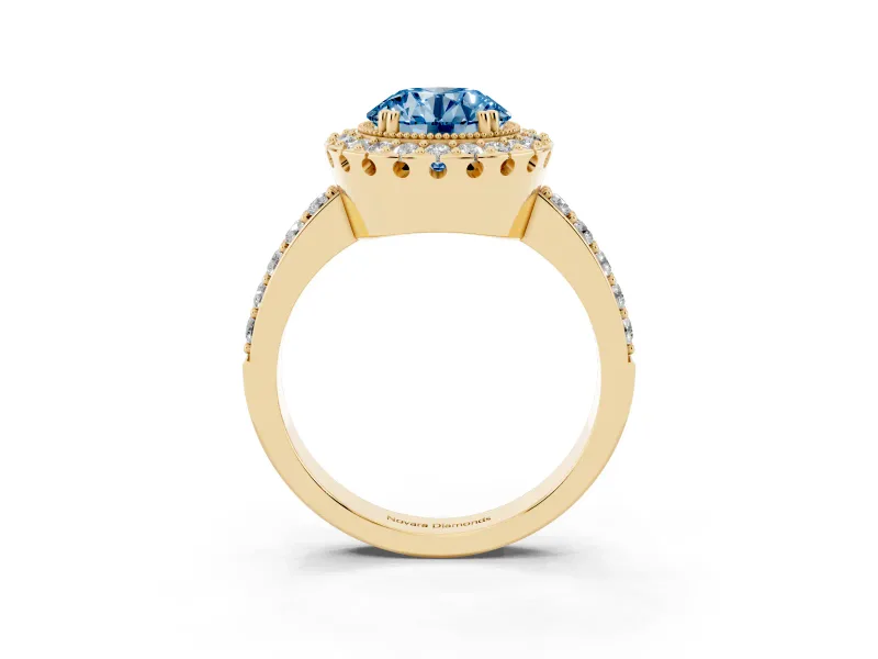 Round Vintage Milgrain Halo Engagement Ring Setting for a Fancy Blue Lab-Grown Diamond | Pierced Gallery | Yellow Gold