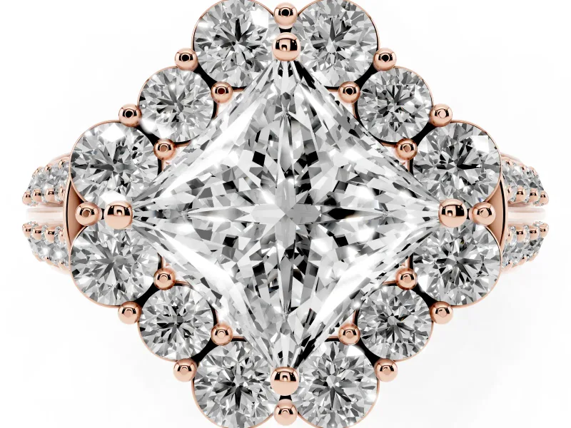 Princess Cut Large Accent Halo Engagement Ring Setting | Graduated Pavé | Rose Gold