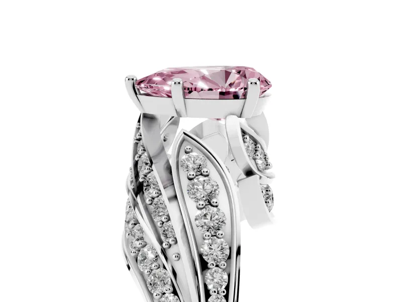 Fancy Pink Pear Cut Diamond Solitaire Ring Set in White gold with Layered Twist Pavé Band