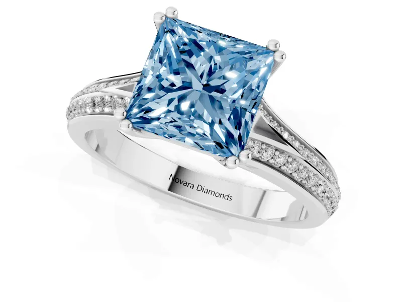 Princess Cut Pave Split Shank Engagement Ring Setting for a Fancy Blue Lab-Grown Diamond | Double Claw Prongs | Platinum