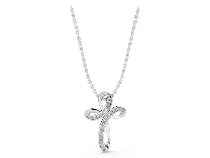 Round Lab-Grown Diamond Pavé Looped Cross Pendant Necklace | Ribbon Loops | White Gold