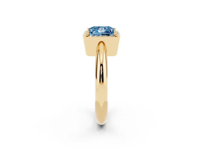 Fancy Blue Princess Cut Diamond Halo Engagement Ring Set in Yellow gold with Plain Split Shank and Prong Setting