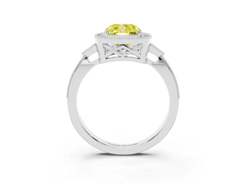 Fancy Yellow Cushion Cut Diamond Halo Engagement Ring Set in Silver with Milgrain Pavé Band