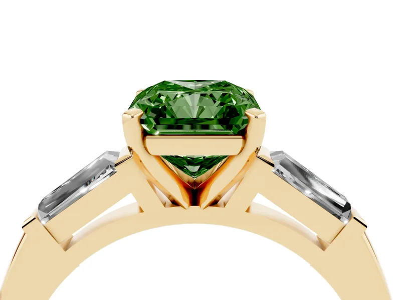 Fancy Green Radiant Cut Diamond Solitaire Ring Set in Yellow gold with Tapered Baguette Side Stones and Prong Setting
