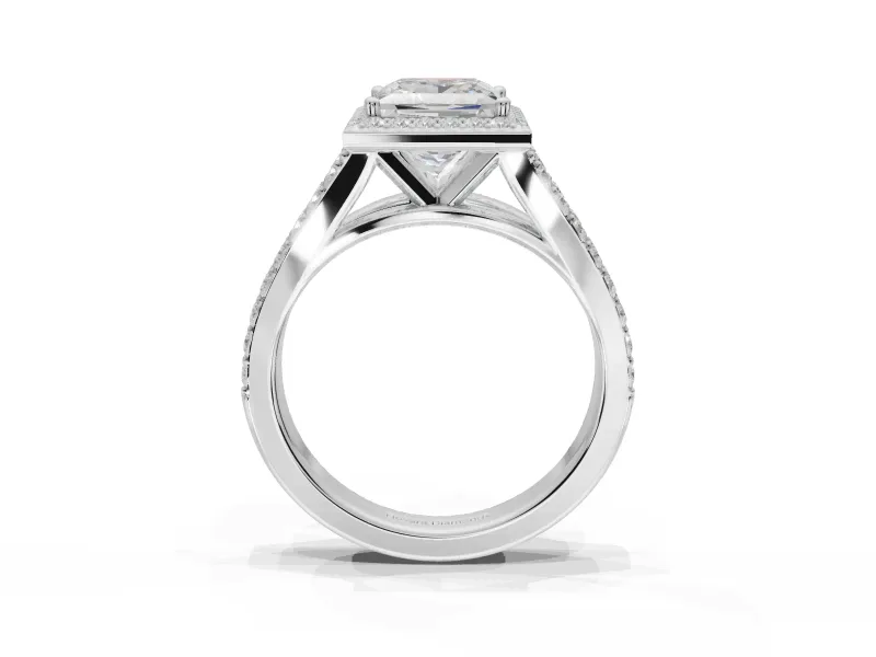 Princess Cut Halo Pavé Engagement Ring Setting | Narrow Split Shank | Sterling Silver