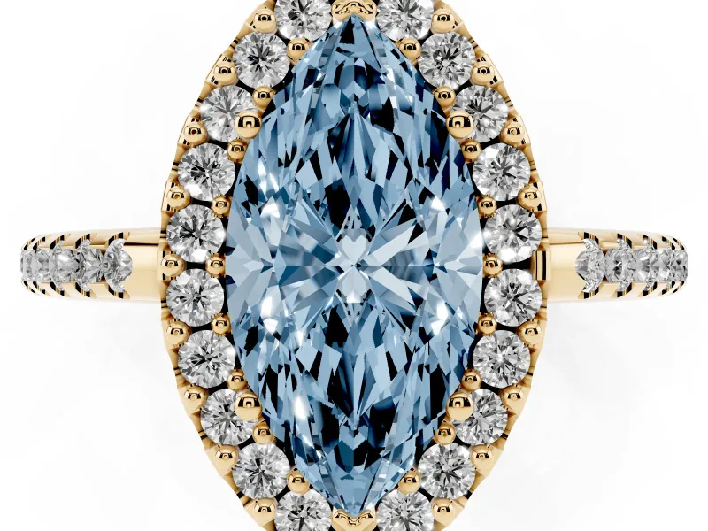 Marquise Pave Halo Engagement Ring Setting for a Fancy Blue Lab-Grown Diamond | Pave Band | Yellow Gold