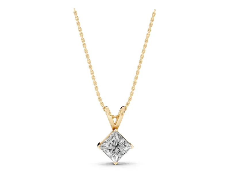 Princess Cut Lab-Grown Diamond Solitaire Pendant Necklace | Split Bail | Yellow Gold