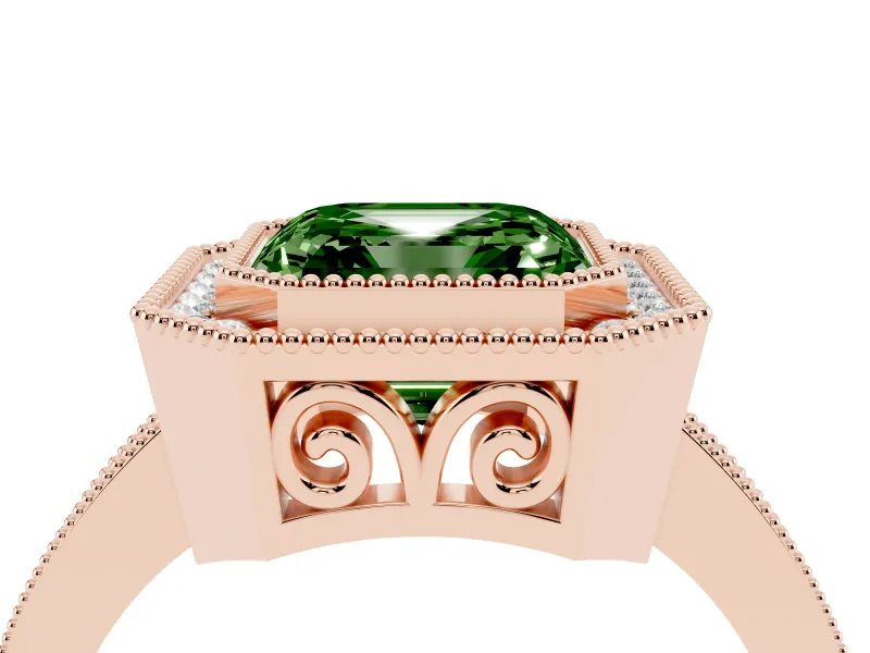 Fancy Green Asscher Cut Diamond Halo Ring Set in Rose gold with Pavé Band and Milgrain-Edged Prongs