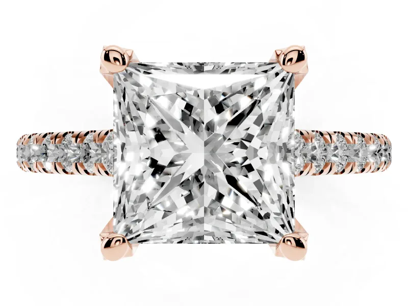 Princess Cut Hidden Halo Pave Engagement Ring Setting | Claw Prongs | Rose Gold