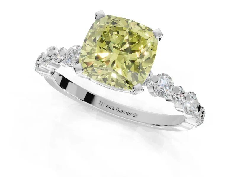 Cushion Cut Pavé Engagement Ring Setting for a Fancy Yellow Lab-Grown Diamond | Alternating Accents | White Gold