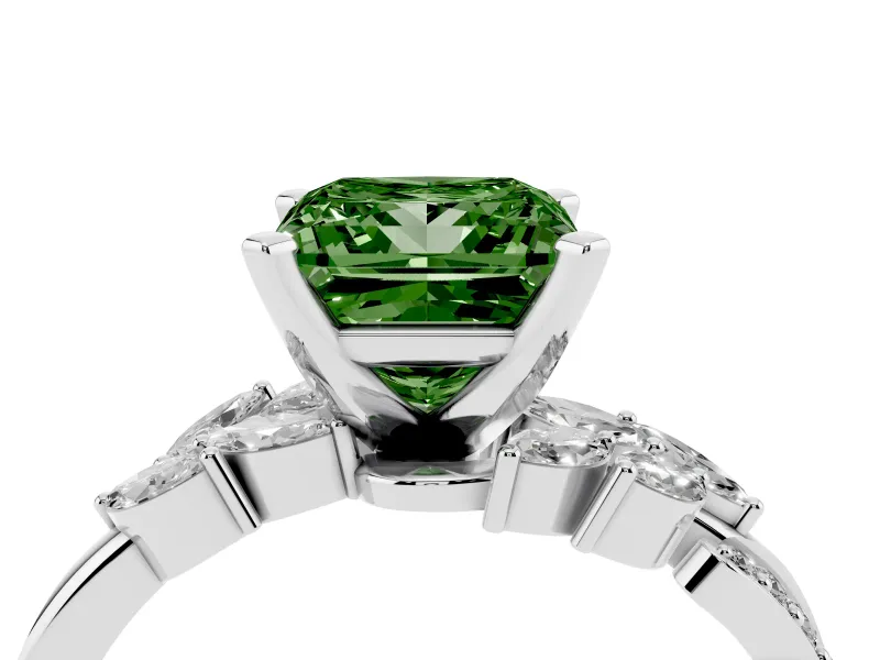 Fancy Green Princess Cut Diamond Solitaire Ring Set in Platinum with Marquise Twist Band and Prong Setting