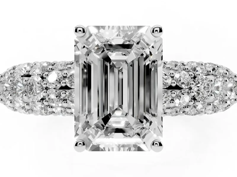 Emerald Cut Multi Row Pave Solitaire Engagement Ring Setting | Domed Shoulders | White Gold