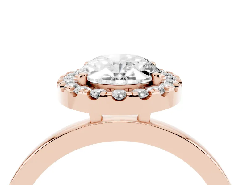 Oval Cut Diamond Halo Solitaire Ring Set in Rose gold with Pavé Band and Prong Setting