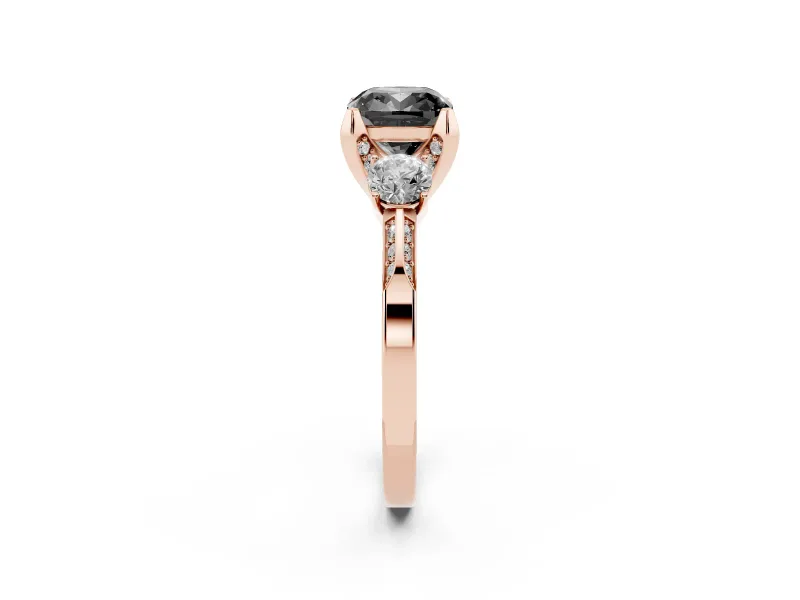 Cushion Cut Hidden Halo Three Stone Engagement Ring Setting for a Black Center | Rose Gold