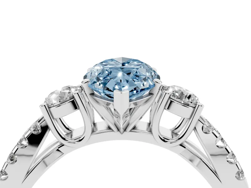 Fancy Blue Marquise Cut Diamond Three-Stone Ring Set in Platinum with Pavé Split Shank and Prong Setting