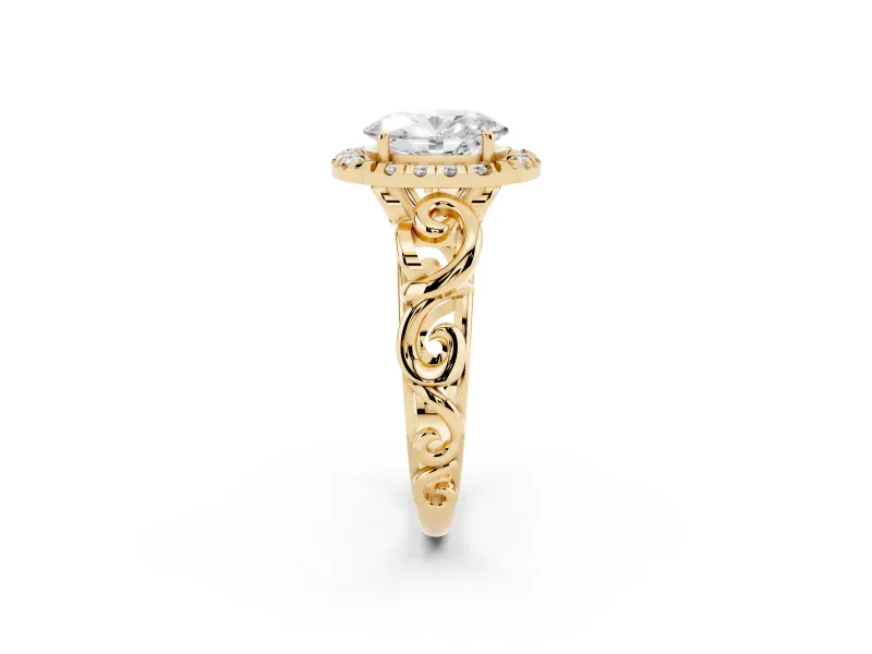 Oval Vintage Filigree Halo Engagement Ring Setting | Scroll Shoulders | Yellow Gold