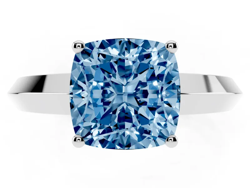 Fancy Blue Cushion Cut Diamond Solitaire Engagement Ring Set in White gold with Flat Band and Prong Setting