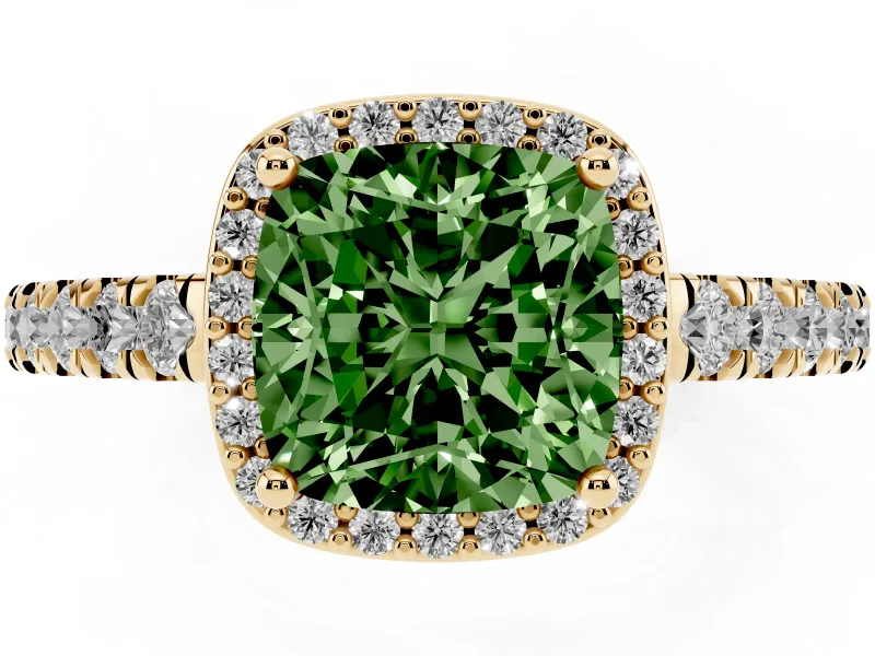 Cushion Cut Halo Pavé Engagement Ring Setting for a Fancy Green Lab-Grown Diamond | Yellow Gold