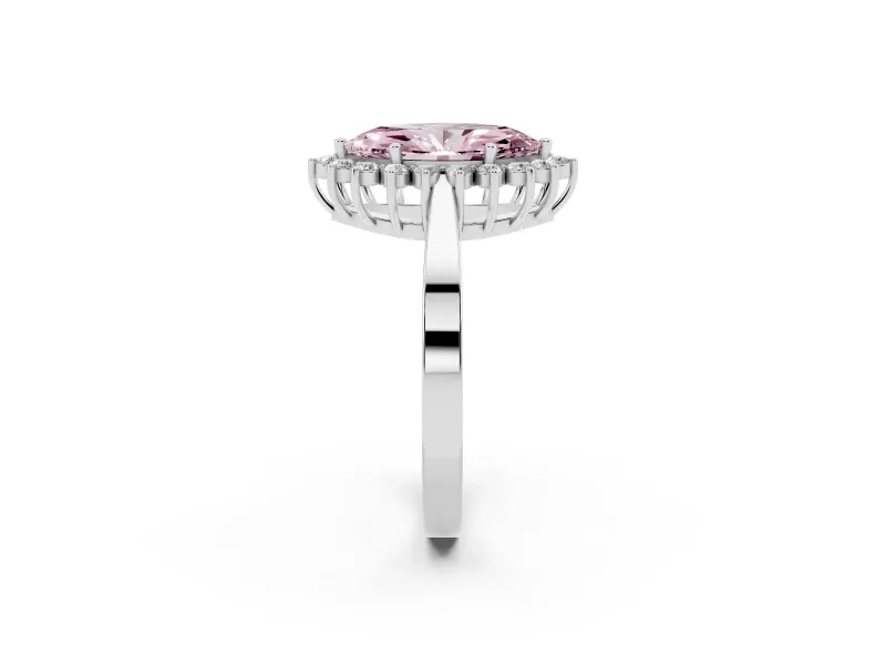 Fancy Pink Marquise Cut Diamond Halo Ring Set in Silver with Round Halo and Smooth Solitaire Band