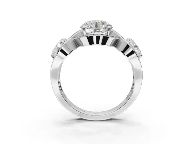 Round Three Stone Halo Engagement Ring Setting | Pavé Wave Band | Platinum