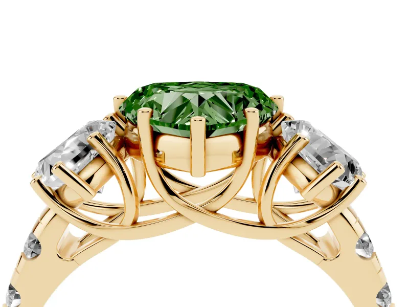 Fancy Green Heart Cut Diamond Three-Stone Ring Set in Yellow gold with Pavé Band