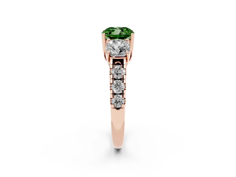 Fancy Green Cushion Cut Diamond Three-Stone Ring Set in Rose gold with Pavé Band