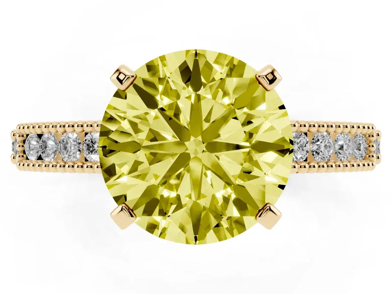 Fancy Yellow Round Cut Diamond Solitaire Ring Set in Yellow gold with Slim Pavé Band and Prong Setting