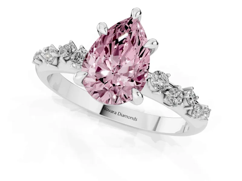 Fancy Pink Pear Cut Diamond Solitaire Vine Band Ring Set in Platinum with Round Accents and Prong Setting