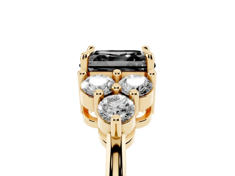 Fancy Black Asscher Cut Diamond Solitaire Ring Set in Yellow gold with Cluster Accents on Each Side