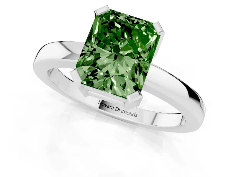 Fancy Green Radiant Cut Diamond Solitaire Ring Set in Silver with Prong Head and Smooth Polished Band