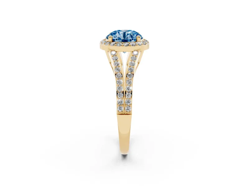 Round Halo Engagement Ring Setting for a Fancy Blue Lab-Grown Diamond | Pave Split Shank | Yellow Gold