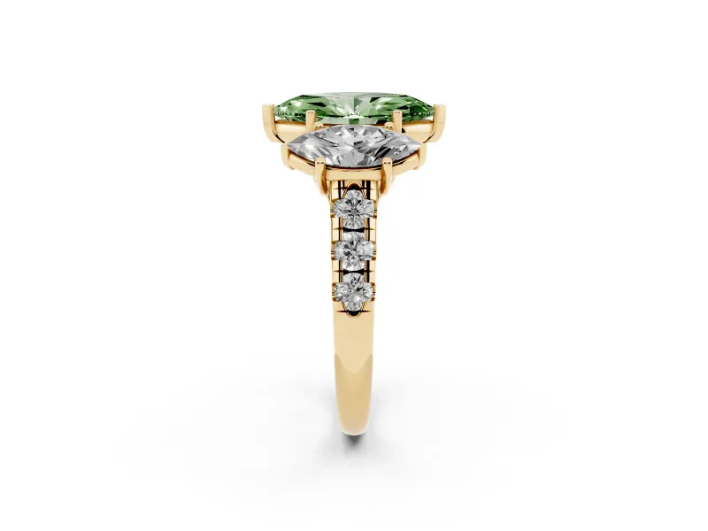 Marquise Three Stone Engagement Ring Setting for a Fancy Green Lab-Grown Diamond | Accented Shoulders | Yellow Gold