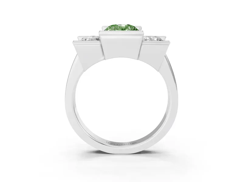 Fancy Green Oval Cut Diamond Three-Stone Channel Set Ring Set in Silver with Smooth Polished Band