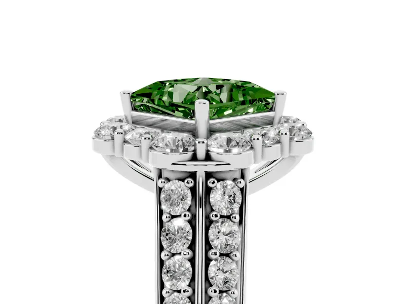 Fancy Green Princess Cut Diamond Halo Engagement Ring Set in White gold with Split Shank and Prong Setting