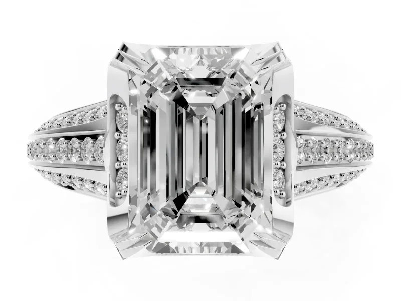 Emerald Cut Hidden Halo Engagement Ring Setting | Triple Row Pavé Band | Platinum