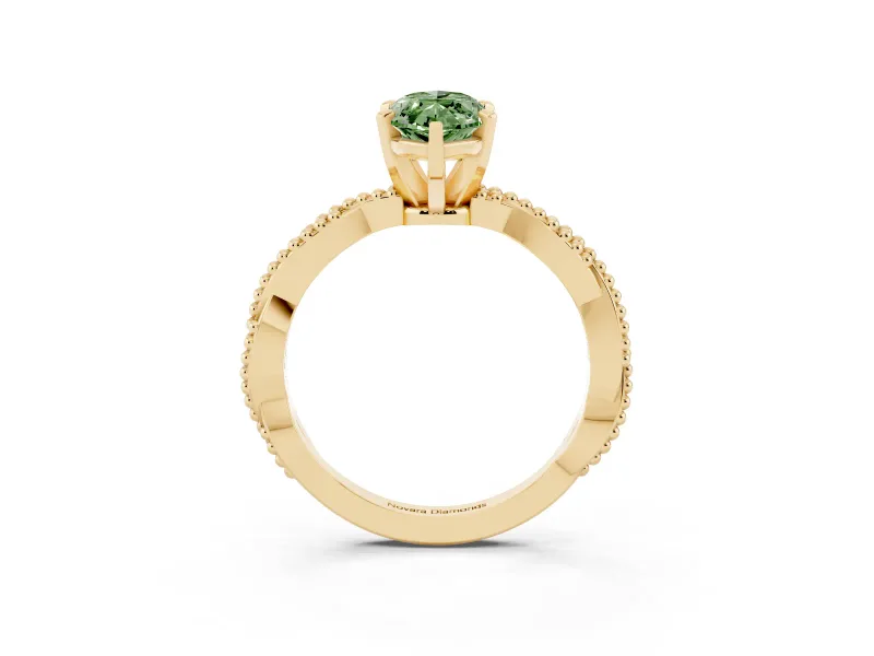 Fancy Green Marquise Cut Diamond Solitaire Ring Set in Yellow gold with Twisted Band and Bead Prong Setting