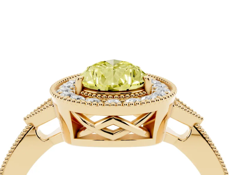 Fancy Yellow Pear Cut Diamond Halo Engagement Ring Set in Yellow gold with Milgrain Pavé Band