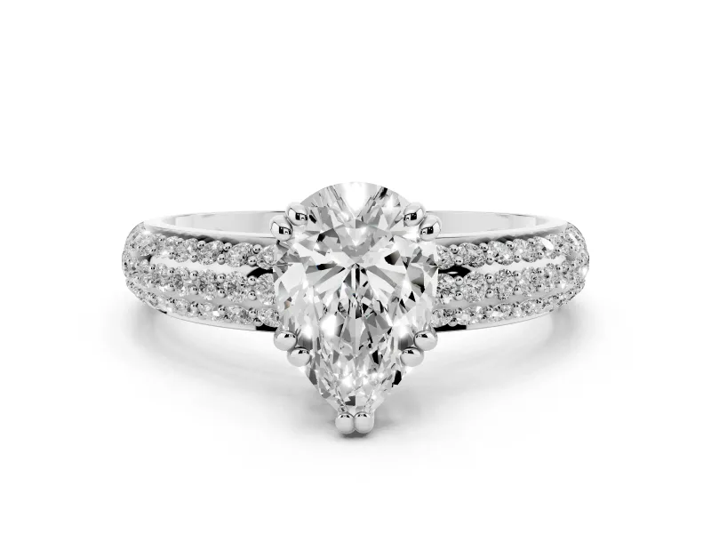 Pear Cut Diamond Solitaire Ring Set in Silver with Multi-Row Round Pavé Band and Prong Setting